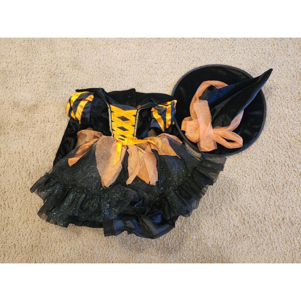 Toddler Girls Witch Costume 2T Black Orange‎ Glitter Tutu Dress and Hat Set